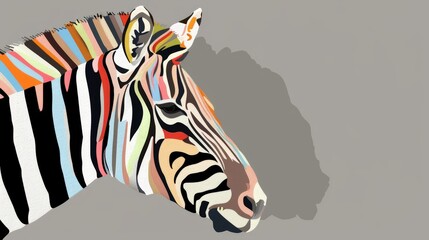 Fototapeta na wymiar Close-up of a zebra's head with colorful stripes and a shadow against a gray backdrop