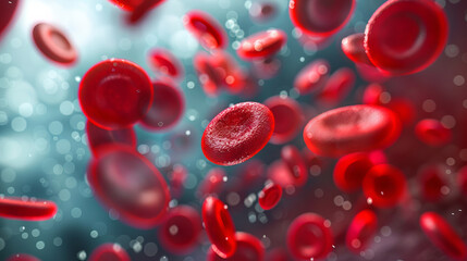 A detailed image capturing the intricacy of red blood cells floating in plasma, showing their disc shape