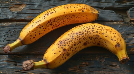   A pair of ripe bananas rests atop a wooden desk alongside written paper