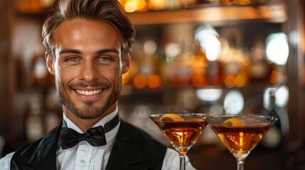   Man in tuxedo holding two martini glasses with orange peels on the rim of the glasses