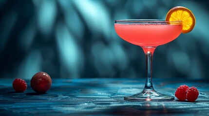  Pink cocktail with orange slice and raspberry garnish on table - obrazy, fototapety, plakaty