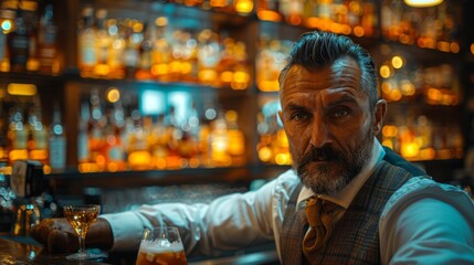   A man with a beard sips a beer at a bar surrounded by alcohol