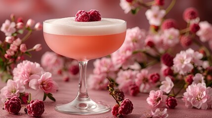   A close-up photo shows a wine glass filled with liquid, featuring raspberries on the rim and flowers in the background