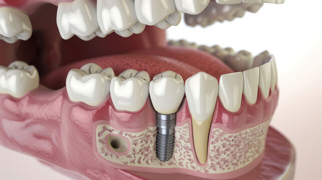 A precise 3D model showing the process of installing a dental implant in the upper jaw with a focus on the tooth and bones