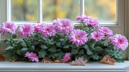   Pink flowers on window sill with leaf-filled sills