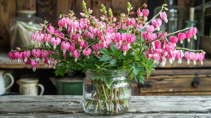 Fototapeta na wymiar Pink Tulips in Vases on Wooden Table