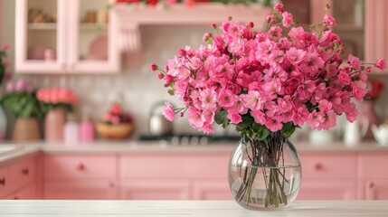  A vase brimming with pink blossoms sits atop a white counter, beside a pink cabinet and countertop