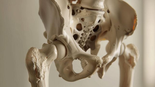 Detailed rendering of a human pelvic bone anatomical model highlighting its complex structure and bone density
