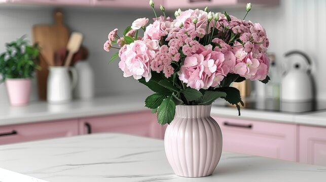   A vase holding pink flowers rests atop the kitchen counter near cutting board and utensils