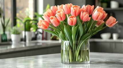   Pink Tulips in Glass Vase on Counter