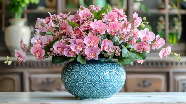   A blue vase with pink flowers sits atop a table next to another vase holding pink blossoms