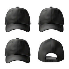 Set of black front and side view hat baseball cap on transparent background cutout, PNG file. Mockup template for artwork graphic design.