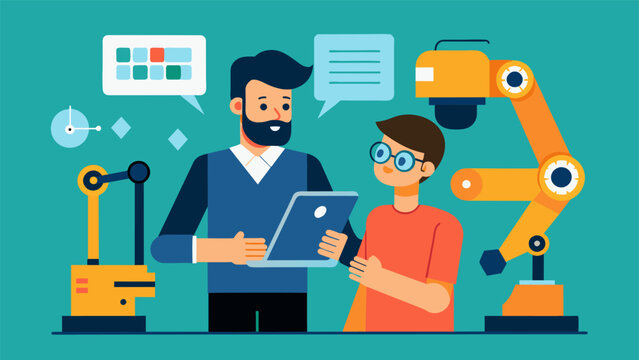 An instructor guiding a trainee in calibrating sensors and programming a robotic system highlighting the handson approach to learning in