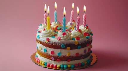  A birthday cake with white frosting, colorful sprinkles, and lit candles on a pink background