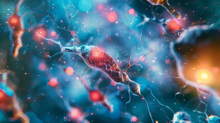A vibrant and colorful representation of a neuron network with sparks of activity symbolizing thoughts and brain functions - obrazy, fototapety, plakaty