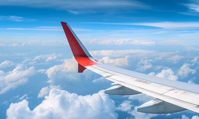 Wing of modern airplane flying in cloudy blue sky - 773703694