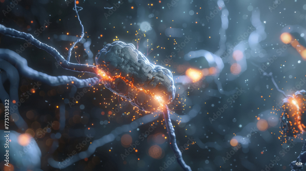 Poster a close-up visualization of neurons with sparks depicting the transmission of signals across the syn