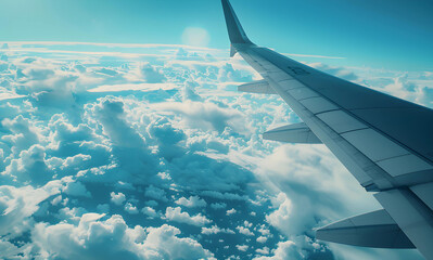Wing of modern airplane flying in cloudy blue sky - 773703806