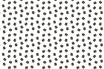 Seamless abstract pattern. Dollar. Fantasy ornament. Black dollar on white background Flyer design, advertising background, fabric, clothing.