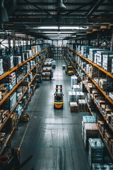 An organized warehouse with shelves of neatly arranged goods, forklifts moving inventory, and workers managing the logistics, Generative AI