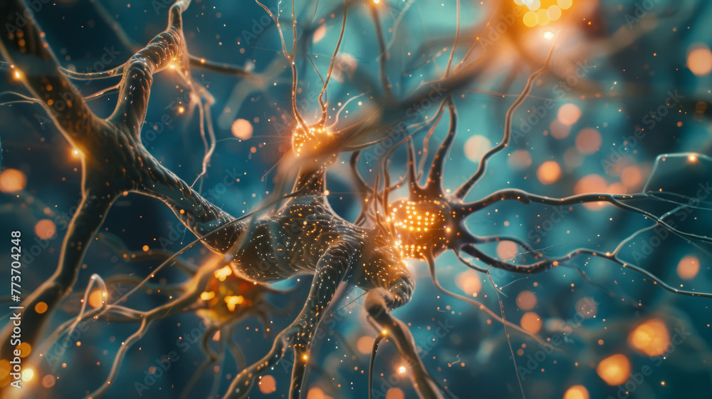 Poster detailed rendering of neural connections with glowing points illustrating brain activity