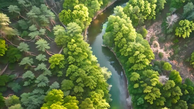 aerial view green forest with river. 4k video animation