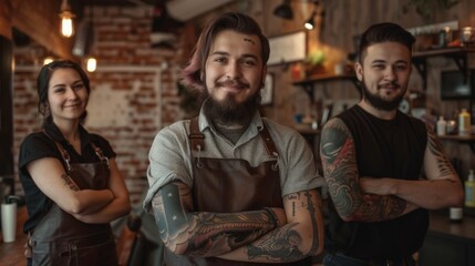 Portrait of a barber with colleagues in background. A bearded barber with tattoos smiles in the foreground with colleagues behind
