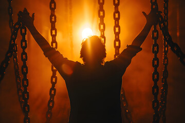 Silhouette of a man with raised hands against the background of a chain, representing human rights activism and empowerment.