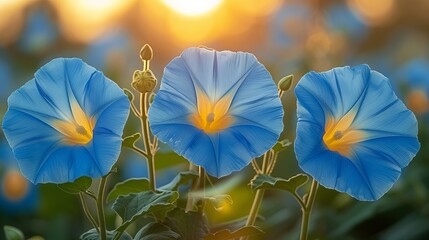   Three blue flowers close-up with sunlight in the background