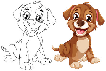 Two cartoon dogs, one colored and one outlined.