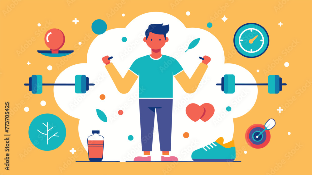 Aufkleber a person surrounded by different exercise equipment signifying the connection between physical healt