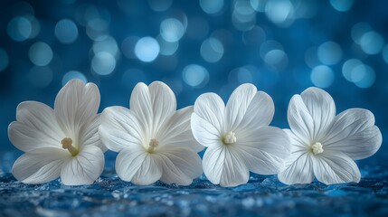   A cluster of white blooms resting together on a blue backdrop with hazy light surrounding them