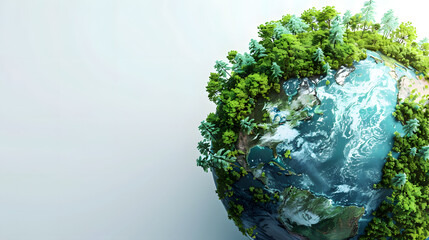 3d illustration of planet earth with various greenery and forests on the top, white background, copy space for text, generative ai