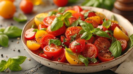  A bowl containing tomatoes and basil sits atop a table surrounded by additional tomatoes and basil foliage