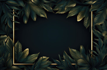 Bright golden neon rectangle square frame with dark green glow on dark blue background of tropical plants, leaves modern summer floral arrangement. - obrazy, fototapety, plakaty