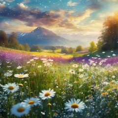 Fototapeta premium Journey into a dreamy spring landscape where meadow flowers and daisies sway gently in the breeze, a storybook.