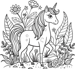 Unicorn and flowers. Coloring book for adults. Vector illustration.