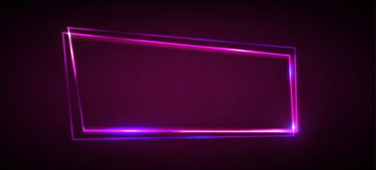 Purple neon rectangle frame banner with light glow background. Led line electric signboard for game or casino. Abstract cyber shine template design. Futuristic party signage for modern music club © klyaksun