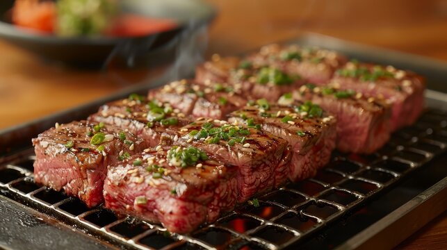   A close-up photo of a juicy steak being cooked on a grill, surrounded by colorful vegetables in the background