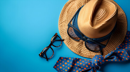 Father's Day concept with hat, glasses, and tie on blue with copy space, Generative AI