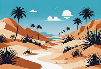 A tranquil oasis amidst sandy dunes, encircled by lush palm trees swaying gently in the breeze - obrazy, fototapety, plakaty