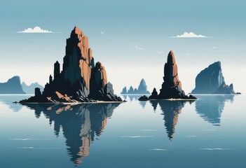 A rocky archipelago featuring sea stacks rising from the water - obrazy, fototapety, plakaty
