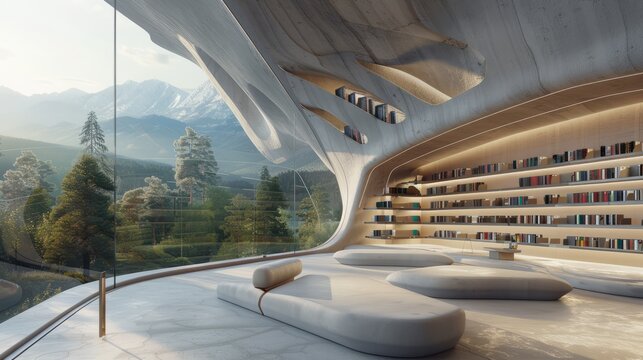 A futuristic, high-tech library with touch-screen interfaces, minimalist design, and panoramic views of the surrounding mountains and forests.