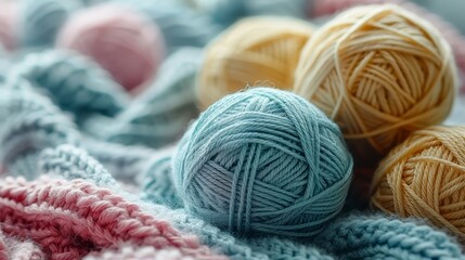   Pile of balls and crochet yarn on blanket