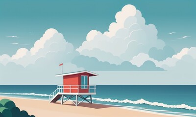 Fototapeta premium A coastline landscape featuring a lifeguard hut against a cloudy sky, with waves crashing in the summer