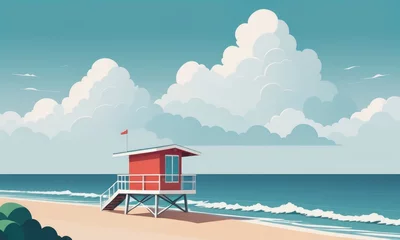 Foto op Canvas A coastline landscape featuring a lifeguard hut against a cloudy sky, with waves crashing in the summer © SR Creative Idea