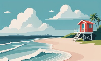 Obraz premium A coastline landscape featuring a lifeguard hut against a cloudy sky, with waves crashing in the summer