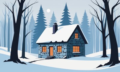 A fantasy house stands amidst a winter forest, resembling an old stone shack