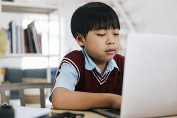 Little boy using laptop, studying online at home while typing on keyboard looking at laptop screen.