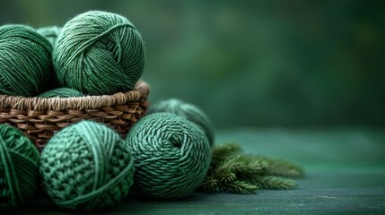 Fototapeta na wymiar A basket brimming with yarn balls resting atop a wooden floor alongside a mound of green yarn balls